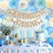 Blue Baby Shower Decorations for Boy with Welcome Baby Banner, Blue Champagne Balloons, Tassel Garlands, Swirls, and Paper Pom Poms for Boho Baby Shower or Gender Reveal Party Supplies